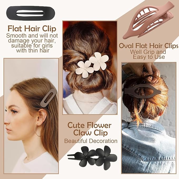 6 PCS Flat Hair Clips, French Lay Flat Claw Clips for Women Girls, 3 Styles Strong Hold Non-slip Matte Hair Claws for Thin Thick Hair(Pink&Blue)