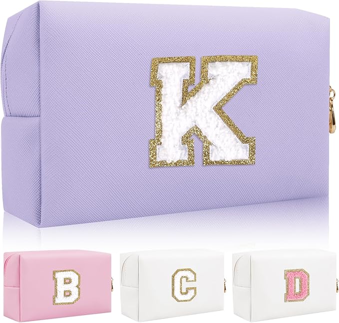 Personalized Initial Letter Patch Makeup Bag, Preppy Small Chenille Cosmetic Bag with Zipper, PU Leather Waterproof Travel Toiletry Bag Monogram Make Up Pouch for Women Girls