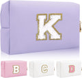 Personalized Initial Letter Patch Makeup Bag, Preppy Small Chenille Cosmetic Bag with Zipper, PU Leather Waterproof Travel Toiletry Bag Monogram Make Up Pouch for Women Girls