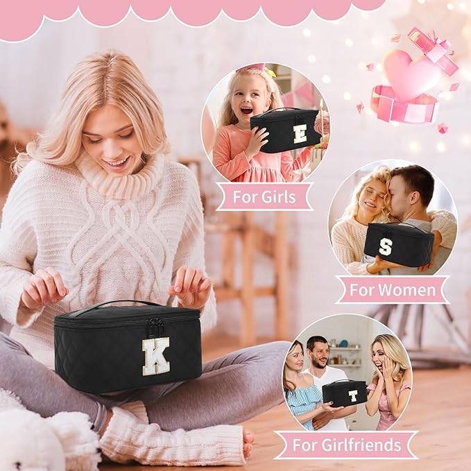 OCHEAL Makeup Bag for Women, Monogram Cosmetic Bag with Brush Holder,Black Travel Makeup Case Beauty Toiletry Bag Organizer Personalized Gifts for Girls Bridesmaid, Sister, Wife, Friends Initial K
