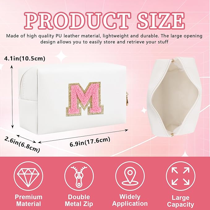 Personalized Initial Letter Patch Makeup Bag, Preppy Portable Chenille Letter Cosmetic Bag with Zipper, PU Leather Waterproof Travel Toiletry Bag Monogram Make Up Pouch for Women Girls(Letter M)
