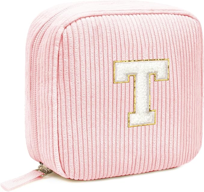 LETGO Birthday Gifts for Women Small Personalized Initial Monogram Makeup Bag,Preppy Corduroy Makeup Bags Travel Toiletry Bag Cute Pouch Purse for Her Mom Girlfriend Wife Sister Teacher Bridesmaid