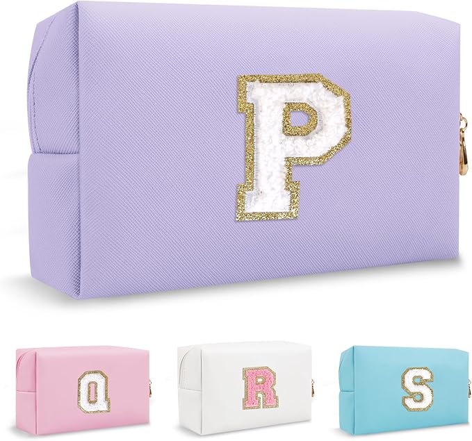 Personalized Initial Preppy Makeup Bag Organizer, Small Purple Cosmetic Bag Travel Toiletry Zipper Pouch for Purse, Portable Waterproof PU Monogram Make Up Case Party Gifts for Women Friends(Letter P)