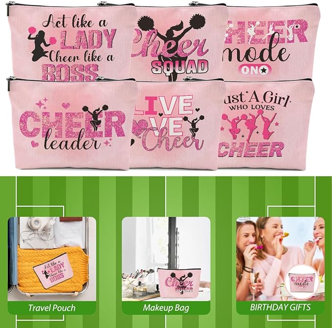 Cheerleader Gifts, 6 Pcs Cheer Makeup Bag Cheer Gifts Cheer Stuff Cosmetic Bag Cheerleading Gifts for Women Girls Sisters Teammates Travel Toiletry Bag, Graduation Birthday Gifts Cheer Team Gifts