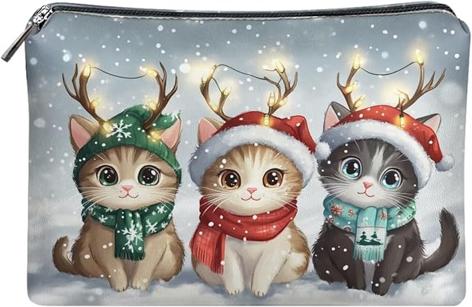 COEQINE Christmas Makeup Bag For Purses for Women Cute Cat Money Bags With Zipper Leather Cosmetic Bag For Purse Cute Soft Aesthetic Travel Toiletry Bag for Womens Birthday Gifts