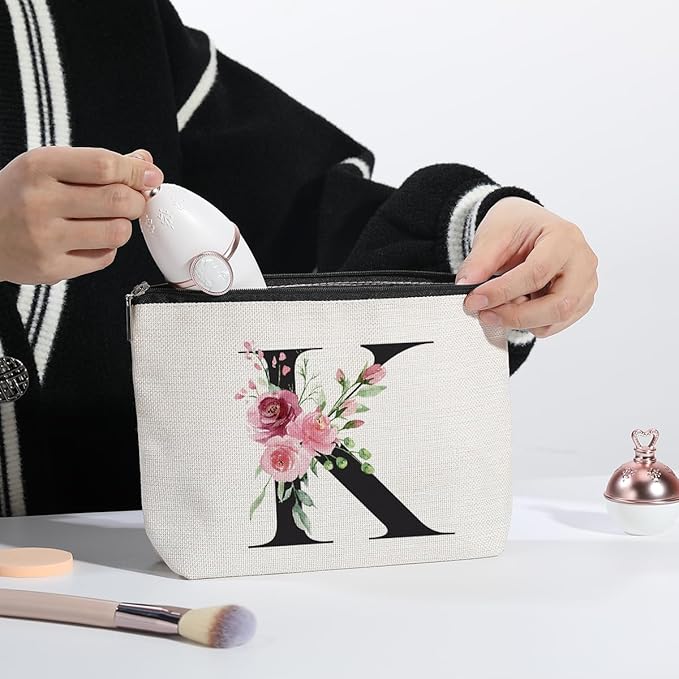 Initial Makeup Bag, Personalized Gifts for Women, Bridesmaid Gifts, Birthday Gifts for Women Mom, Gifts for Best Friend, Bride Bridesmaid Cosmetic bag (Letter K)