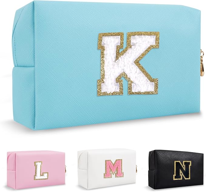 Personalized Small Preppy Makeup Bag, Chenille Letter Blue Initial Cosmetic Zipper Pouch Travel Toiletry Organizer, Waterproof PU Leather Make Up Case Travel Essentials for Women Friendship(Letter K)
