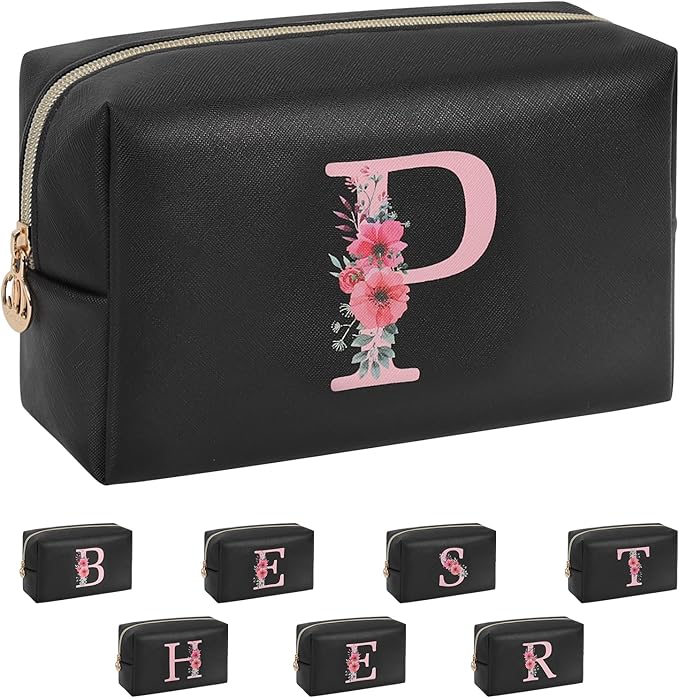 Personalized Initial Makeup Bag, Birthday Gifts for Women and Girls, Small Makeup Pouch Travel Toiletry Bag, Make Up Organizer Bag Gift Trendy Stuff for Friend Mom Teacher, Black