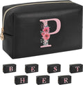 Personalized Initial Makeup Bag, Birthday Gifts for Women and Girls, Small Makeup Pouch Travel Toiletry Bag, Make Up Organizer Bag Gift Trendy Stuff for Friend Mom Teacher, Black