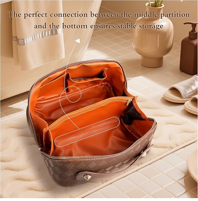 Abiudeng Travel Makeup Bag Large Capacity for Travel Essentials Open Flat Makeup bag Organizer with Divider and Handle-Rhombus Brown