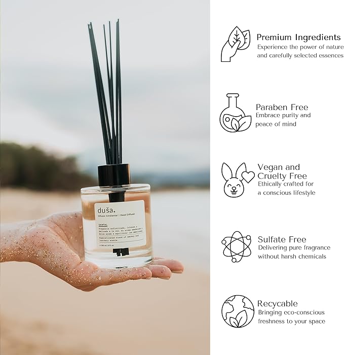 Duša Baies Scented Reed Diffuser & Sticks – 5 Fl Oz Essential Home Fragrance for Bathroom, Office & Living Spaces –Stylish & Long-Lasting Room Air Freshener –Ideal for Housewarming & Special Occasions