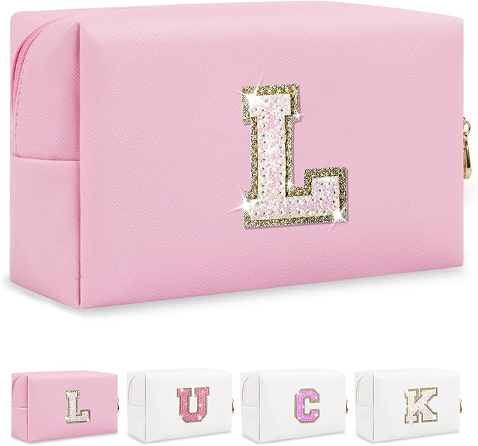 Initial Letter Patch Makeup Bag, Small Preppy A-Z Glitter Letter Cosmetic Bag, PU Leather Waterproof Travel Toiletry Bag, Cute Make Up Pouch Personalized Monogrammed Gift for Women Teen Girls