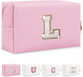 Initial Letter Patch Makeup Bag, Small Preppy A-Z Glitter Letter Cosmetic Bag, PU Leather Waterproof Travel Toiletry Bag, Cute Make Up Pouch Personalized Monogrammed Gift for Women Teen Girls