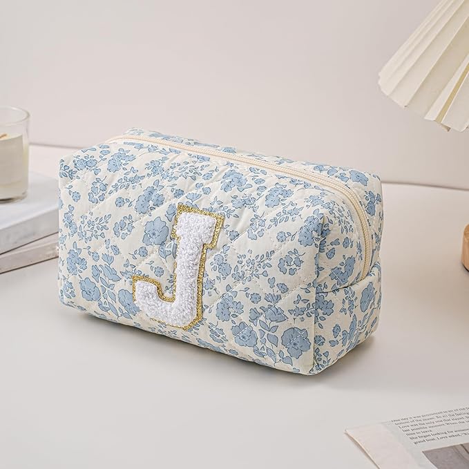 JOVAKIT Makeup Bag Cosmetic Bags for Women, Christmas Gifts for Girls Age 6-18, Alphabet Pink Floral Coquette Zipper Travel Makeup Pouch, Organizer Case Trendy Stuff (Pink+ Blue J)