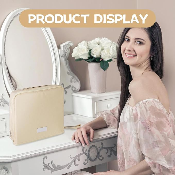 Large Capacity Standing Makeup Bag for Travel, Foldable Hanging Toiletry Organizer with 3 Storage Layers & 8 Inner Pockets, Portable Cosmetic Case for Women (Beige)