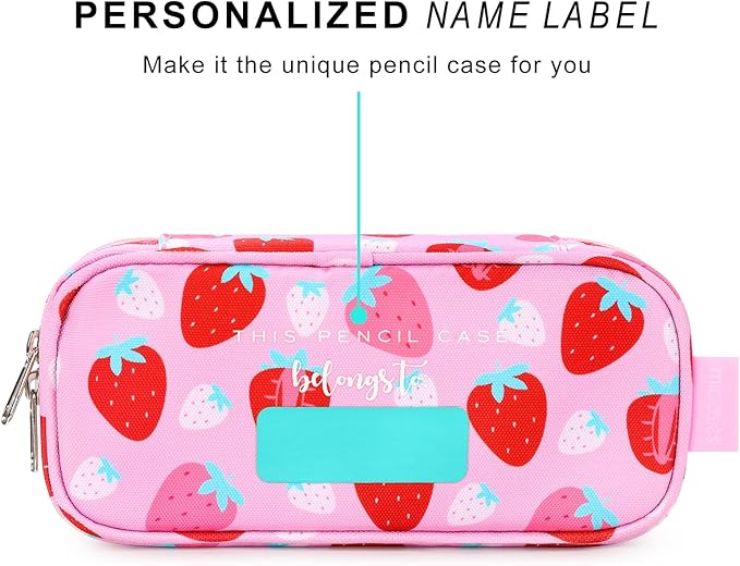 mibasies Girls Pencil Case for Kids, Multi-Slot Pencil Pouch, Assorted Strawberry Red