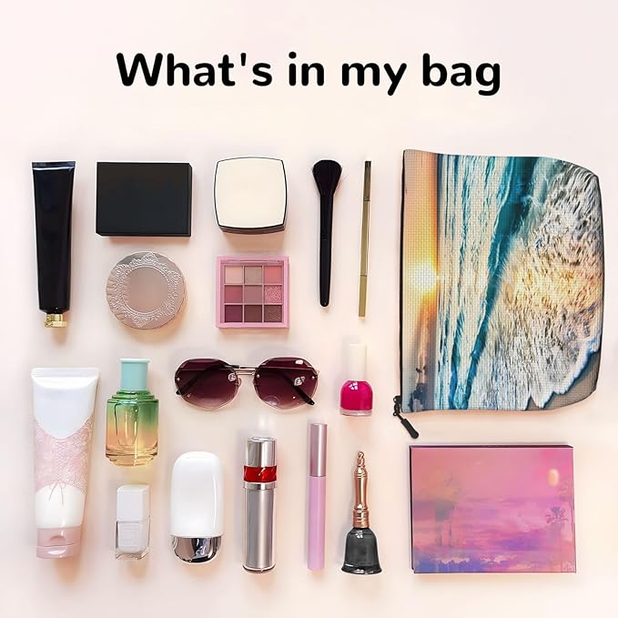 MOLAIGIN Beach Ocean Sun Set Landscape Cosmetic Bag For Women, Travel Makeup Bag, Toiletry Zipper Bag, Large Capacity Aesthetic Cases