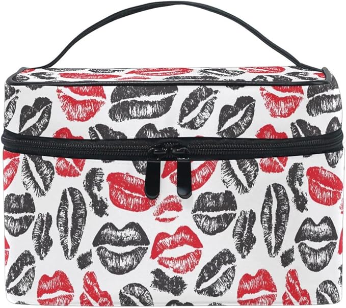 Makeup Train Case Valentines Lips Mouth Pattern Carrying Portable Zip Travel Cosmetic Brush Bag Organizer Large for Women