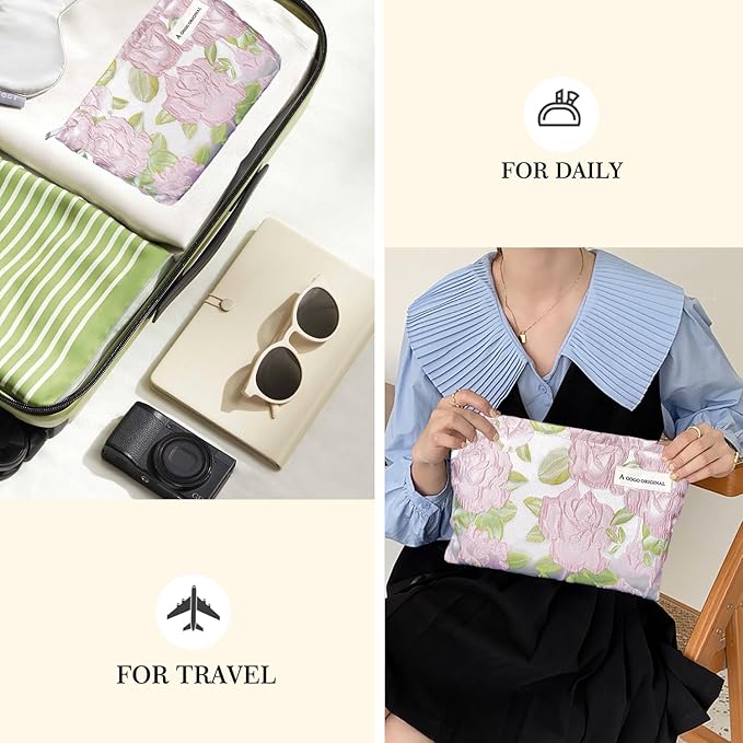STARDW Aesthetic Floral Makeup Bag Cute Small Cosmetic Bags for Women Girls, Travel Toiletry Bag Large Capacity Zipper Makeup Pouch, Purse Organizer Pouches (Embossed Rose)