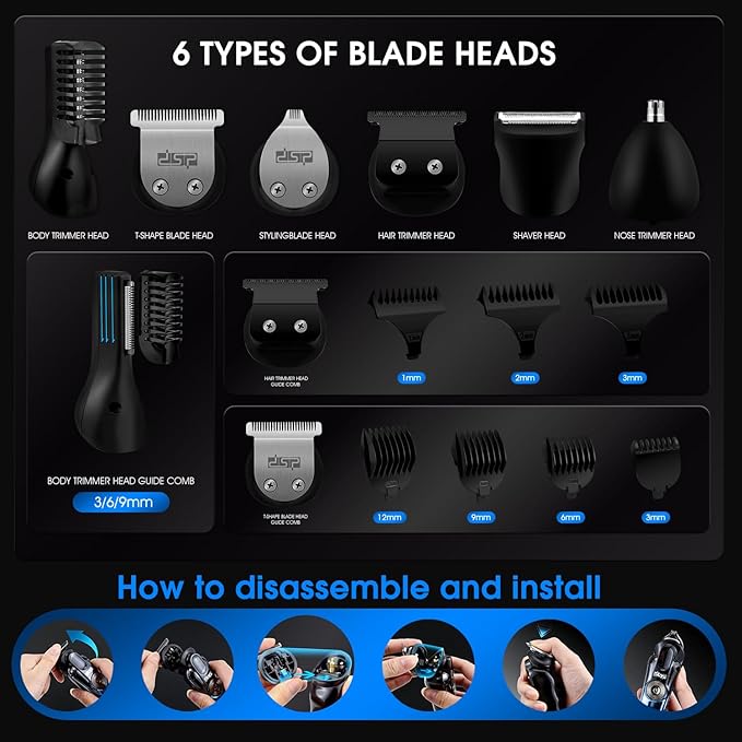 DSP Men's Grooming Kit, Beard Trimmer for Men, Nose Trimmer, Body Trimmer, Foil Shaver, T-Blade, Mustache, Cordless Hair Trimmer, IPX6 Waterproof,2 Speeds Adjustable, Gift for Men (Blue)