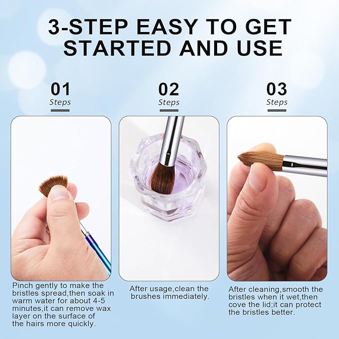 Acrylic Nail Brush Size 8, 100% Pure Kolinsky 3D Art Nail Brush with Gradient Blue Handle, Art Design Powder Nail Brush Pen for Nails Extension & Carving, Acrylic Application Tools