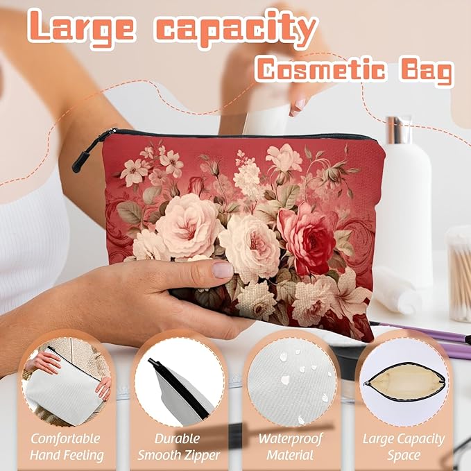 Cosmetic Bags Travel Makeup Toilet Case Waterproof Pouch for Women Girls 6.7X9.45inches - Assorted Pale - Colored Flowers on A Red Ornamental Background