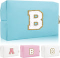 Personalized Initial Letter Patch Makeup Bag, Preppy Portable Chenille Cosmetic Bag with Zipper, PU Leather Waterproof Travel Toiletry Bag Monogram Make Up Pouch for Women Girls