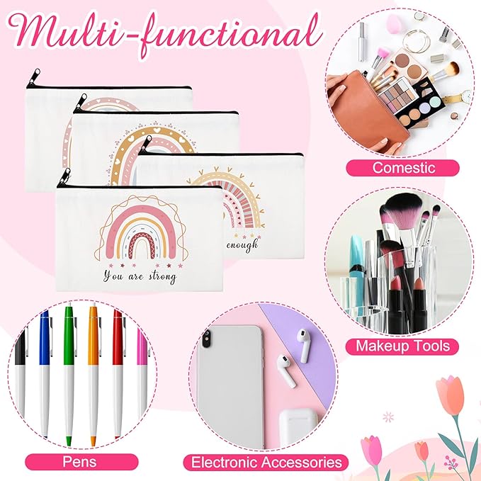 Hillban 36 Pcs Rainbow Cosmetic Bags for Women Inspirational Cute Canvas Makeup Bags Bulk Motivational Travel Cosmetic Pouch Beautiful Gifts for Teacher, 12 Styles