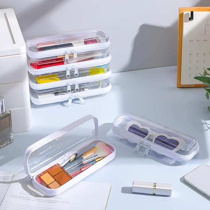 Sanwuta 6 Pcs Clear Hard Zipper Case Hard Plastic Zipper Pouches Makeup Bag Pencil Pouches Transparent Cases for Snacks Plastic Storage Organizer Box for Travel(White,7.87 x 2.56 x 1.57 Inch)