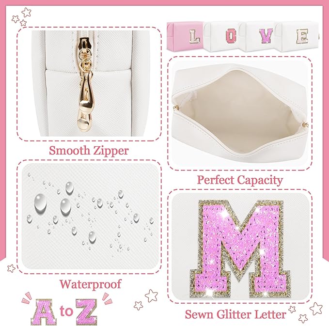 Initial Letter Patch Makeup Bag, Small Preppy A-Z Glitter Letter Cosmetic Bag, PU Leather Waterproof Travel Toiletry Bag, Cute Make Up Pouch Personalized Monogrammed Gift for Women Teen Girls