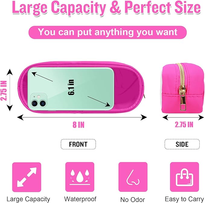 Nylon Slim Makeup Bag, Cute Makeup Brush Case, Preppy Cosmetic Zipper Pouch for Purse, Travel PVC Toiletry Bag Clutch Coin Pouch Makeup Organizer for Women Girls (Hot Pink)