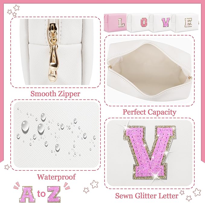 Personalized Initial Letter Patch Makeup Bag, Preppy Glitter Letter Makeup Organizer, Cute Monogrammed Pouch Cosmetic Bag PU Leather Waterproof Travel Toiletry Bag, Gift for Women Teen Girls(Letter V)