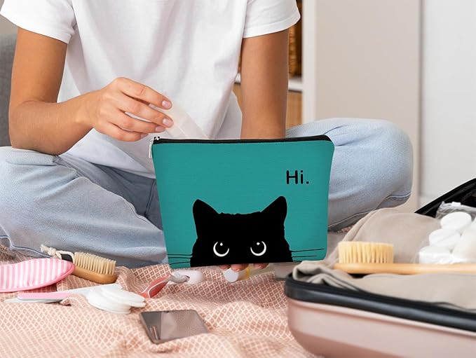 Cat Makeup Bag - Cute Cosmetic Pouch for Cat Lovers, Black Kitty Design, Hi Kitty Gift for Women (Bluish Blue, Beige)
