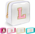 Mini Clear Personalized Initial Makeup Bag,Nylon Preppy A-Z Chenille Letter Patch Zipper Cosmetic Bag, Small Cute Beach Pouch Travel Purse Sanitary Napkin Storage Bag for Women Girls(White-Pink L)