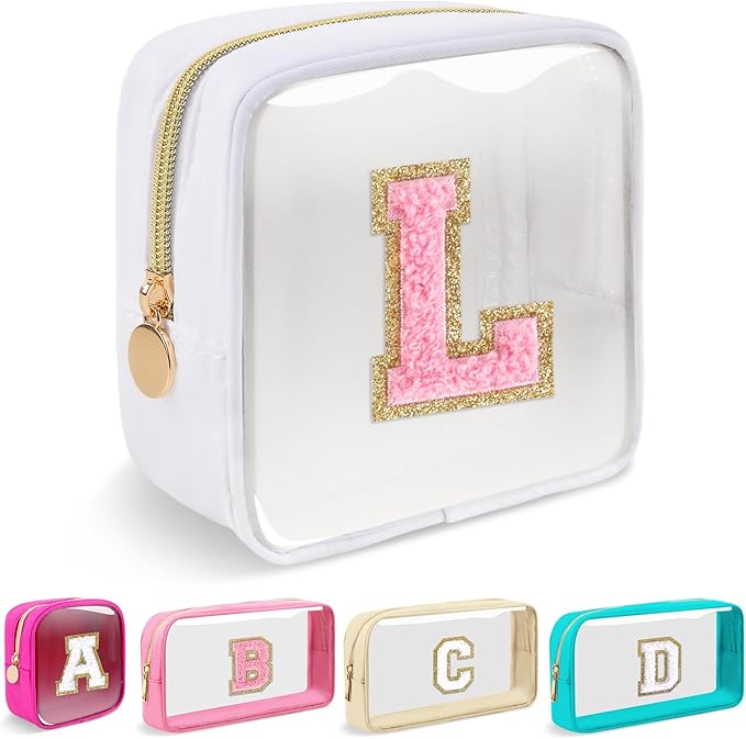 Mini Clear Personalized Initial Makeup Bag,Nylon Preppy A-Z Chenille Letter Patch Zipper Cosmetic Bag, Small Cute Beach Pouch Travel Purse Sanitary Napkin Storage Bag for Women Girls(White-Pink L)