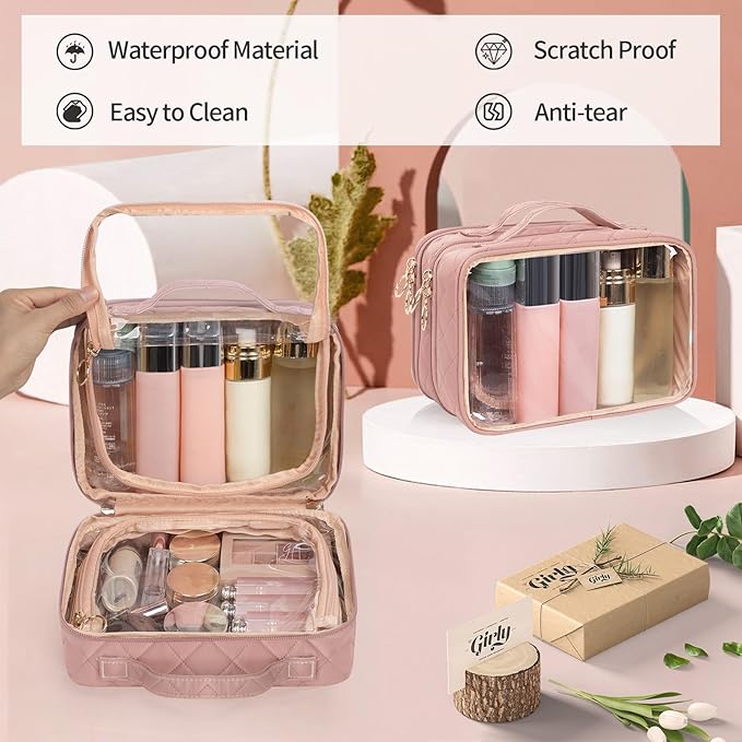 OCHEAL Clear Makeup Bag, Double Layer Cosmetic Bag, Large Capacity Minimalist Cosmetic Case for Women Travel Beauty Essentials, Multiple Compartments Makeup Case Organizer Zipper Pouch -Nude Pink