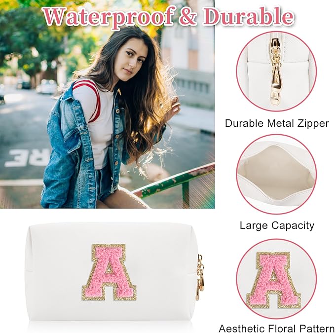 Personalized Initial Letter Patch Makeup Bag, Preppy Portable Chenille Cosmetic Bag with Zipper, PU Leather Waterproof Travel Toiletry Bag Monogram Make Up Pouch for Women Girls