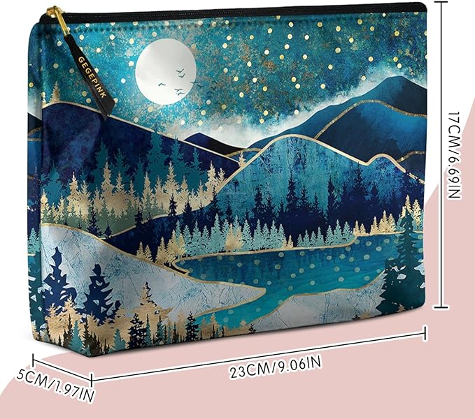 Cute Makeup Bag for Purse Waterproof Cosmetic Bags for Women Funny Smooth Zipper Travel Toiletry Pouch 10X8 Inches-Green Mountain Moon Lake Makeup pouch