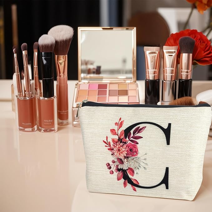 Initial A-Z Personalized Floral Makeup Bag, Monogrammed Birthday Gifts for Women Mom, Mothers Day Christmas Gift Ideas for Best Friend, Bride Bridesmaid, Her, Grandma, Small Travel Cosmetic Bag (C)
