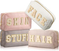 Cunno 4 Pcs Preppy Makeup Bags Chenille Letter Stuff Bag Nylon Cosmetic Pouch Cases with Zipper for Women Travel Toiletry