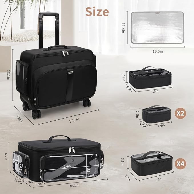 Rolling Makeup Train Case with Large Makeup Case，Professional Makeup Artist Traveling Bag with 7 Small Clear Bags, Cosmetology Case on Wheels, Adjustable Dividers for Cosmetics Makeup Brushes Toiletry