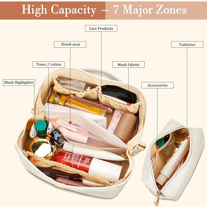 Birthday Gifts for Women Teen Girl, Personalized Initial Makeup Organizer Bag Set, Open Flat Travel Cosmetic Bag With Clear Divider and Handle(Beige,R)