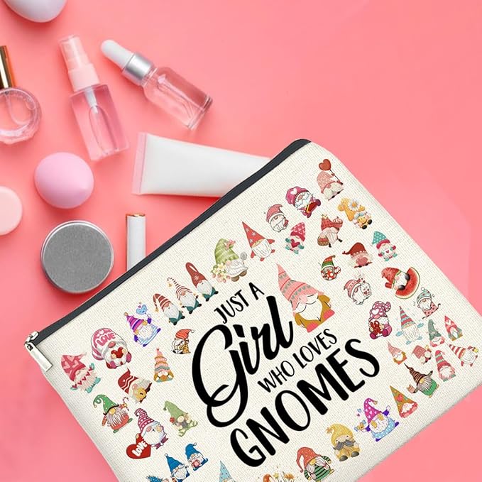 Gnome Lover Makeup Bag - Gifts for Women, Girl, Daughter, Sister, Bestie - Just a Girl Who Loves Gnomes Zipper Makeup Pouch