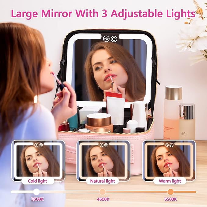 Travel Makeup Bag with LED Lighted Make up Case with Mirror 3 Color Setting Cosmetic Makeup Box Organizer Vanity Case for Women Beauty Tools Accessories Case Rechargeable