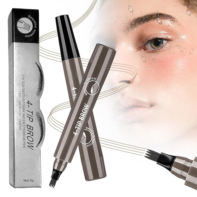 Microblading Eyebrow Pen, Waterproof Four-tip Beard and Eyebrow Pen, Liquid Eyebrow Pencil, Long-Lasting Natural Magic Eyebrow Makeup Fine Stroke Contouring Pencil (Grey)