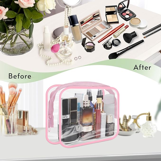 16 Pieces Clear Makeup Bags Bulk, TSA Approved Toiletry Bags Travel Pouch, Waterproof PVC Plastic Small Clear Cosmetic Bags with Zipper for Organizing (Pink Border)