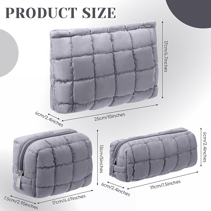 3 Pcs Puffy Makeup Bag Quilted Cosmetic Pouch for Women Cute Checkered Travel Toiletry Bag Puffer Makeup Organizer Purse Pouch Preppy Pencil Case with Zipper
