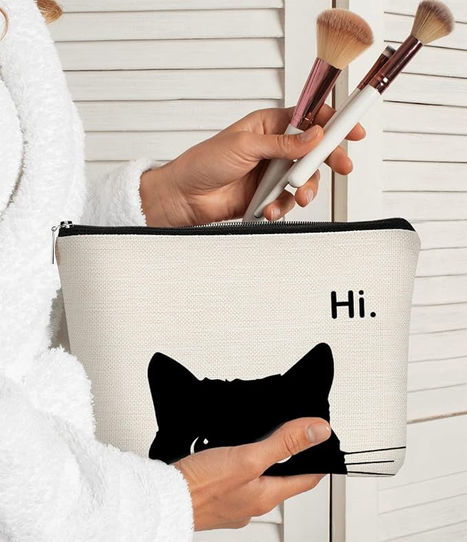 Cute Cat Makeup Bag, Kitty Cosmetic Zipper Travel Toiletry Bag, Black Cat Gifts for Women & Teen Girls