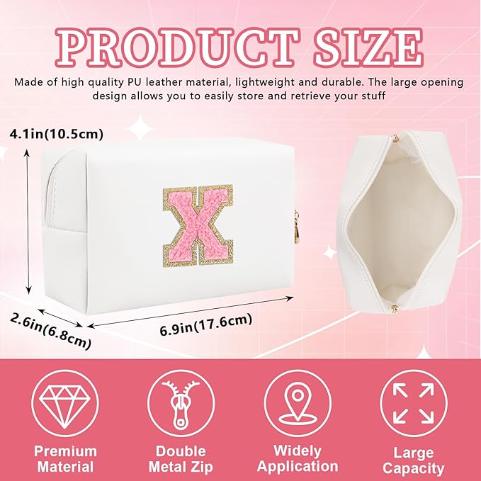 Iqimott Personalized Initial Letter Patch Makeup Bag, Preppy Portable Chenille Cosmetic Bag with Zipper, PU Leather Waterproof Travel Toiletry Bag Monogram Make Up Pouch for Women Girls(Letter X)