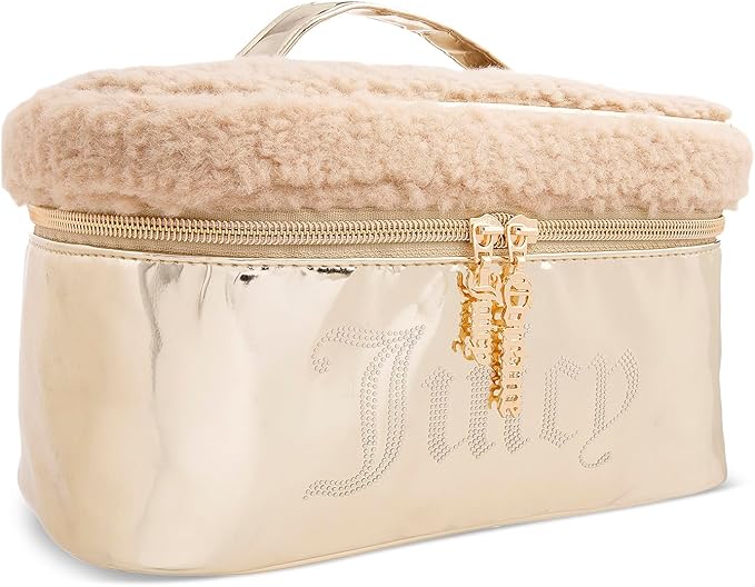 Juicy Couture Gold Makeup Bag Cosmetics Organizer Travel Essentials Train Case Shiny Rhinestones Faux Shearling